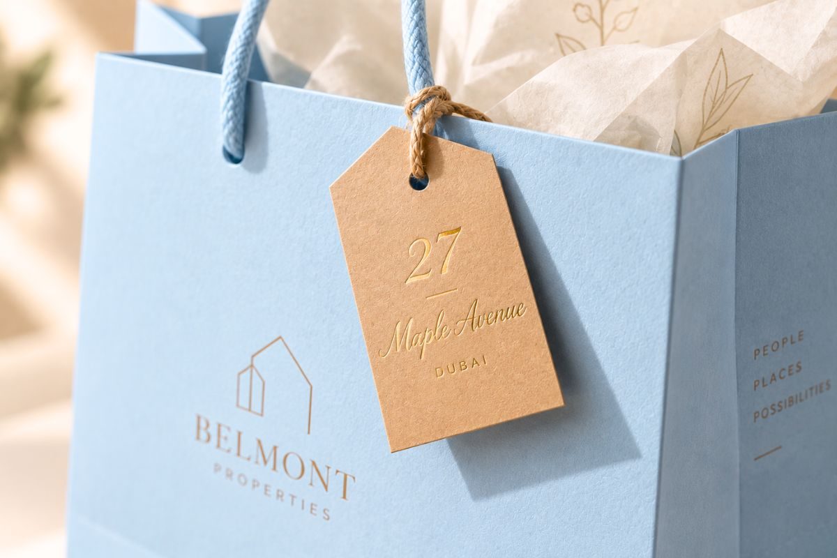 Light blue luxury paper bag of a real estate with kraft tag and gold foiling