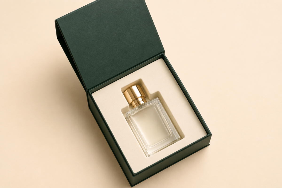 Open magnetic perfume box with foam insert and glass bottle