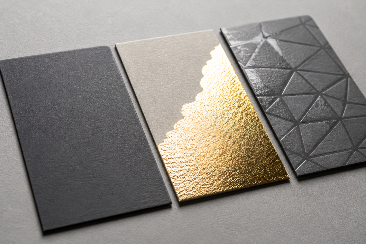 Paper swatches showing matte, foil, and UV finishes