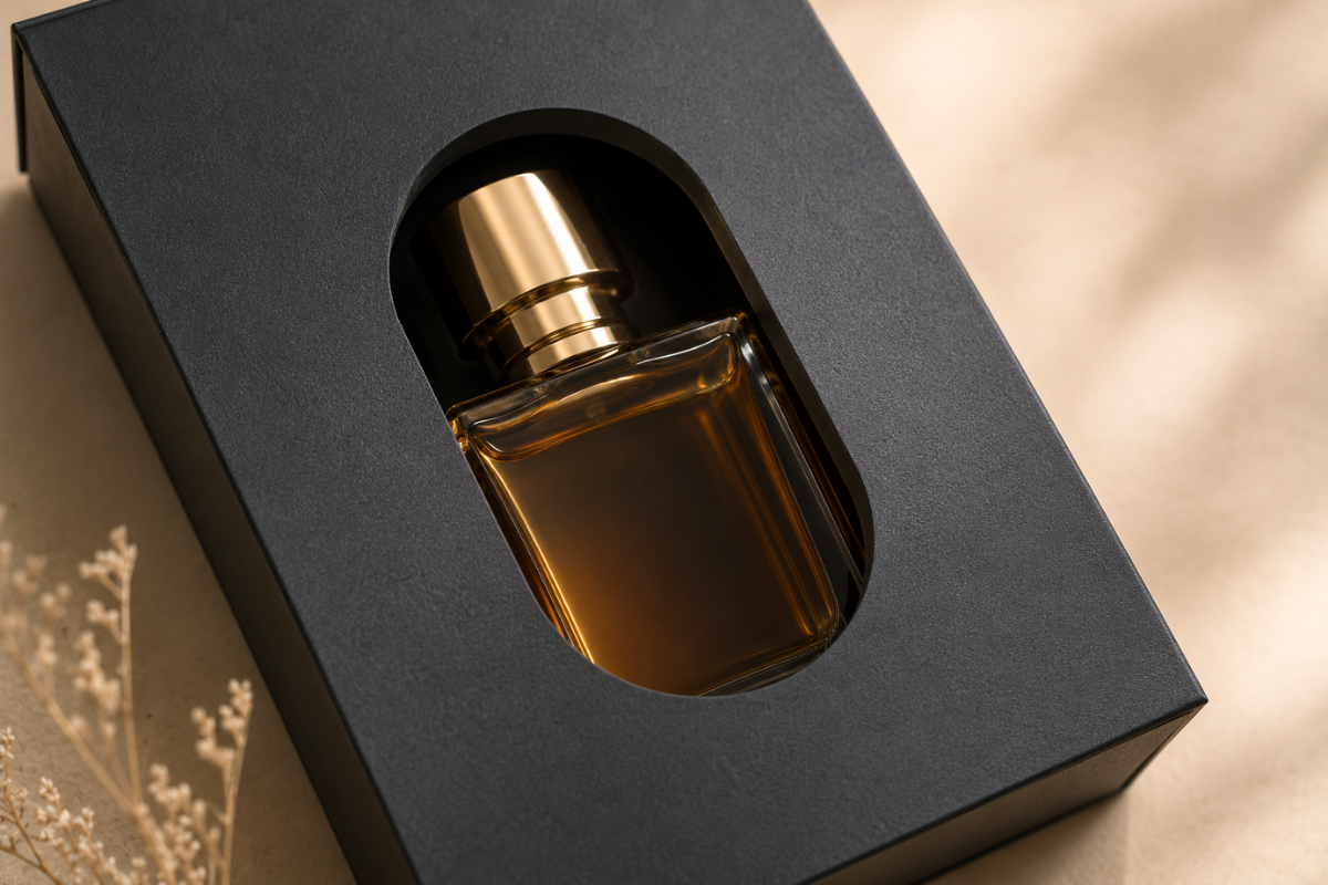Perfume box with die-cut window showing amber glass bottle