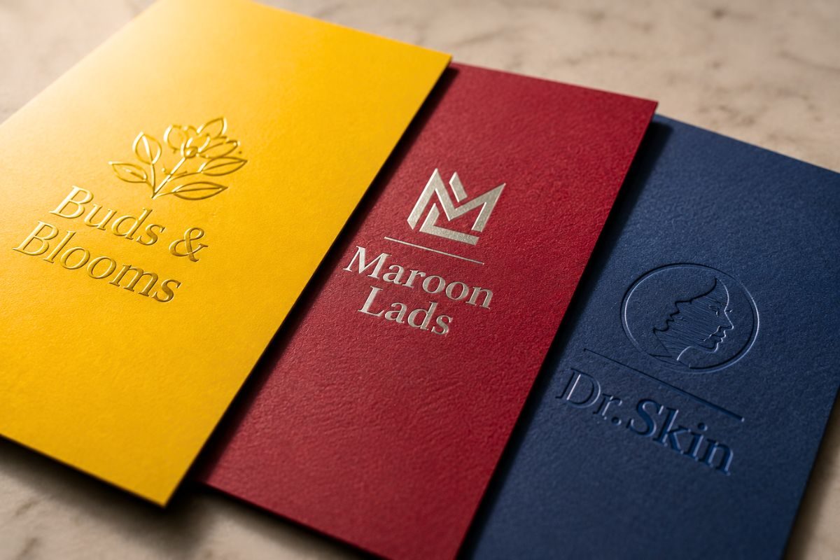Premium business cards with spot uv, silver foiling, and blind embossing