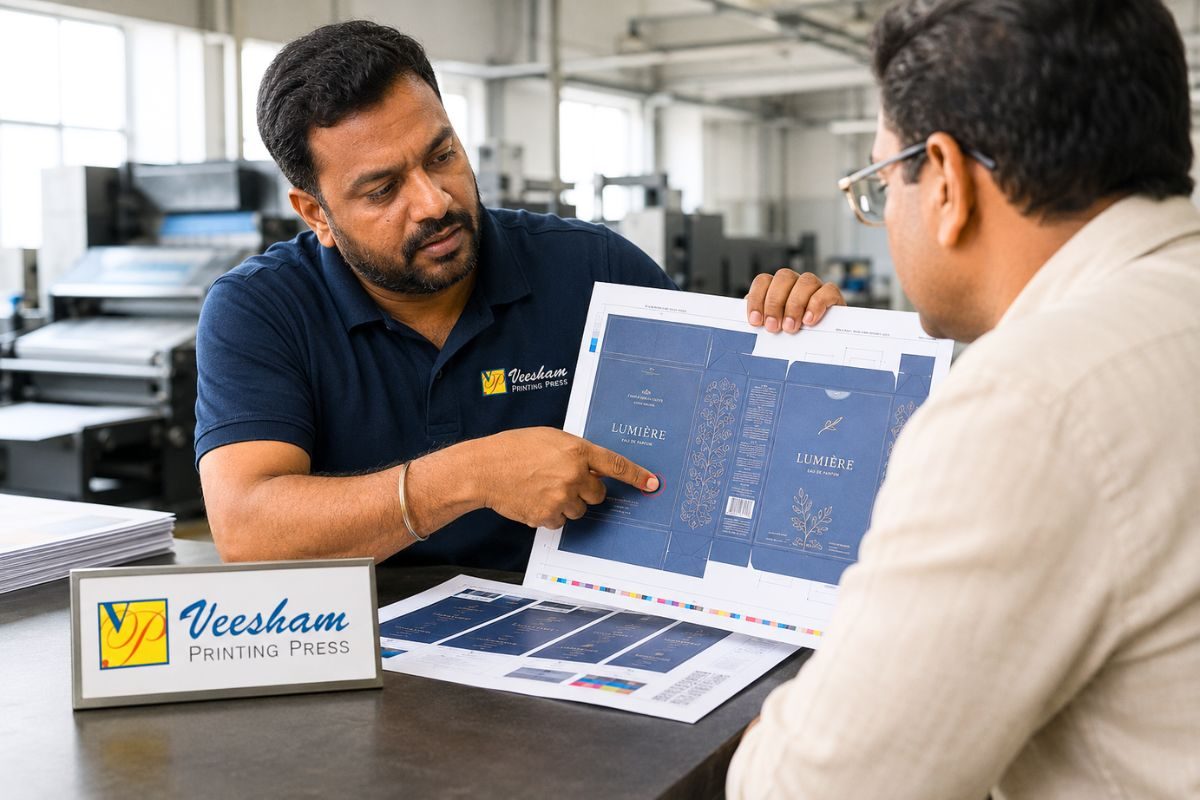Print manager pointing out a flaw on a proof sheet to a client