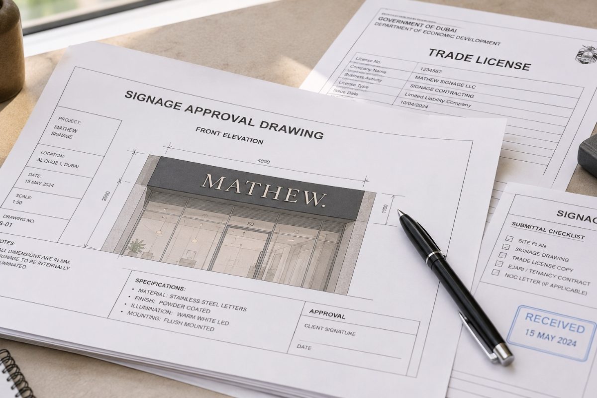Signage approval documents and architectural drawing on a desk