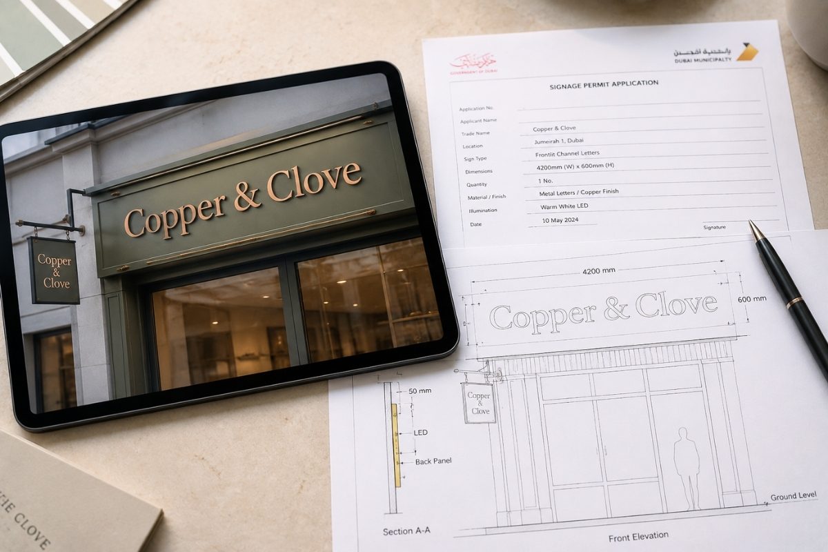 Signage design mockup and permit documents on a desk