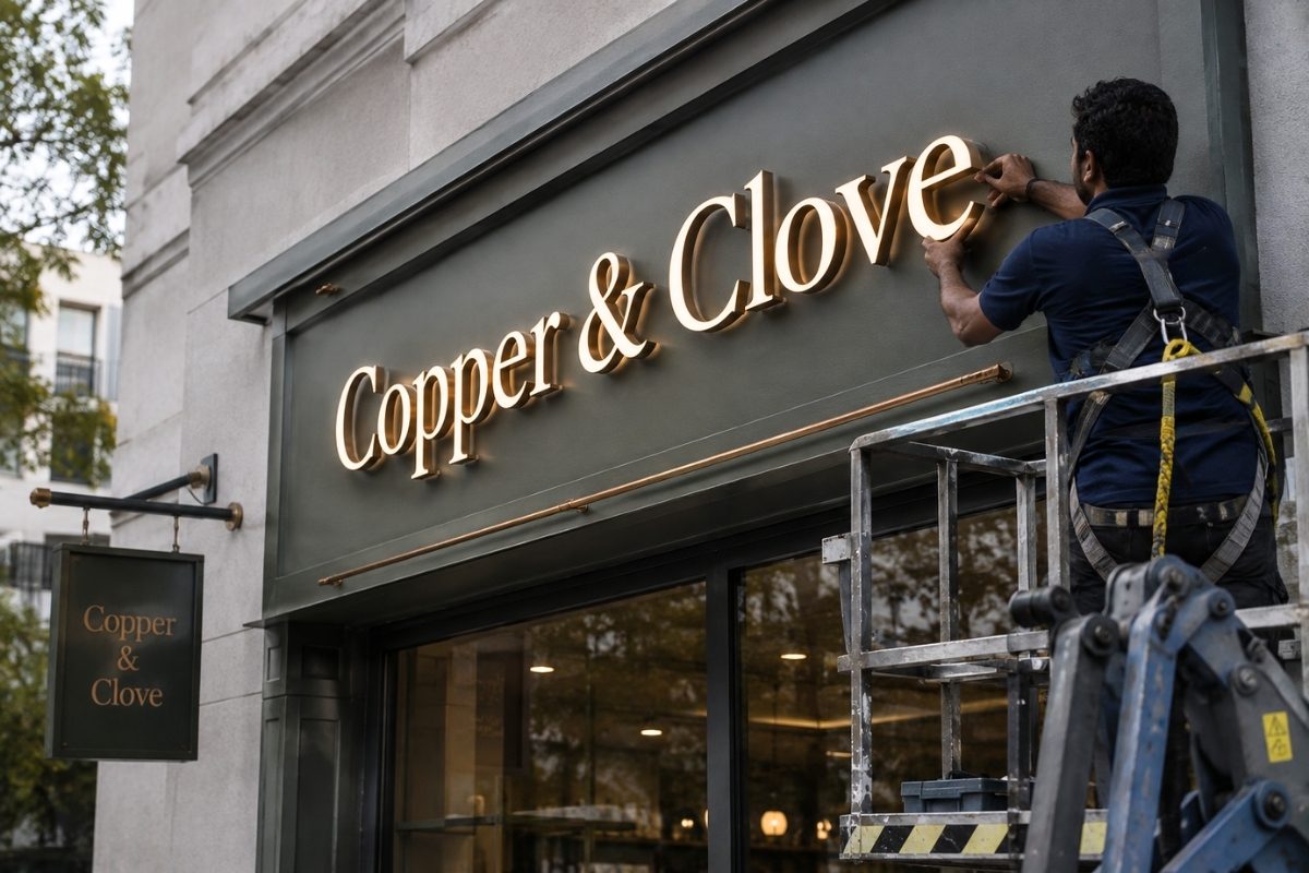 Technician mounting the storefront signage