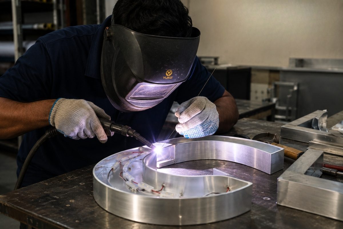 Technician welding aluminium channel letters in a workshop