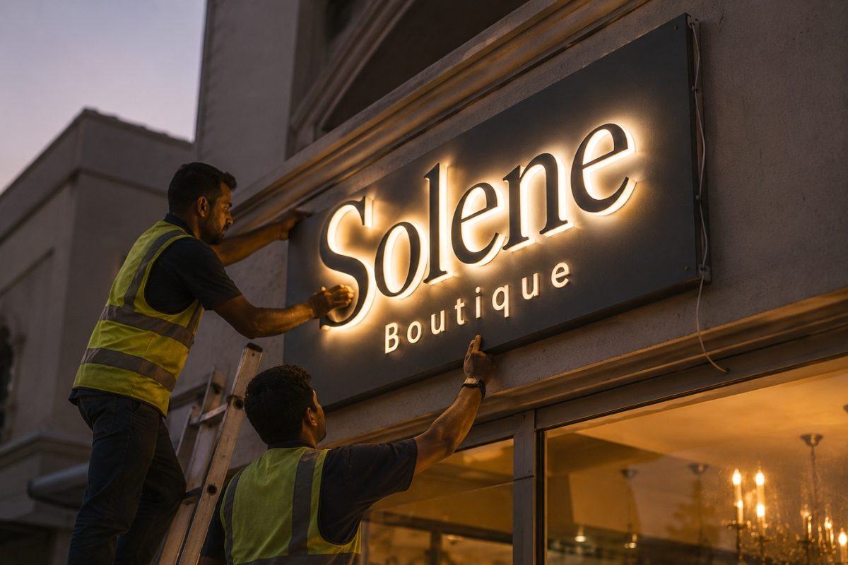 Technicians installing an illuminated shop sign at dusk
