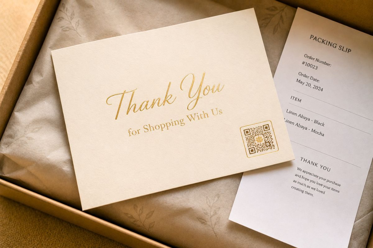 Thank you card with QR code inside an e-commerce package