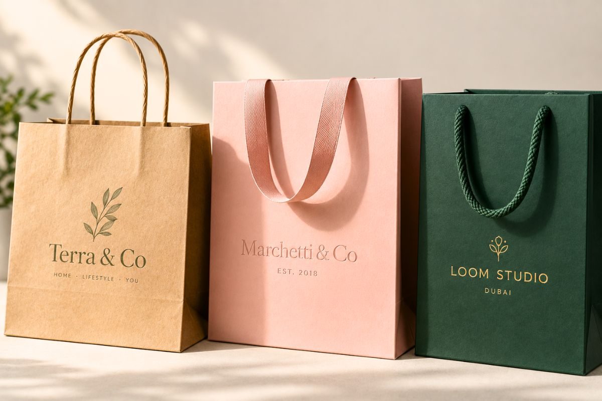 Three boutique paper bags with twisted, ribbon, and cord handles