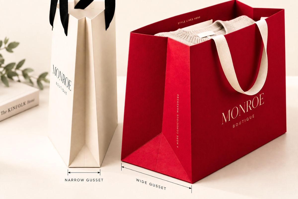 Two paper bags compared showing different gusset widths