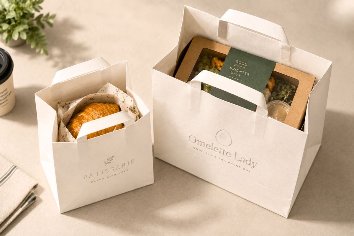 Two sizes of takeaway bags for different menu item quantities